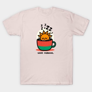 Sunny Morning: Adorable Sleepy Sun in a Coffee Cup Illustration T-Shirt